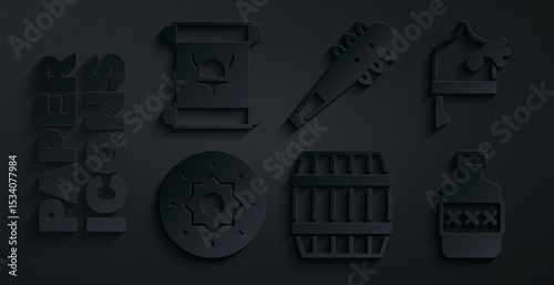 Set Wooden barrel, Viking in horned helmet, Shield viking, Whiskey bottle, Mace with spikes and Decree, parchment, scroll icon. Vector