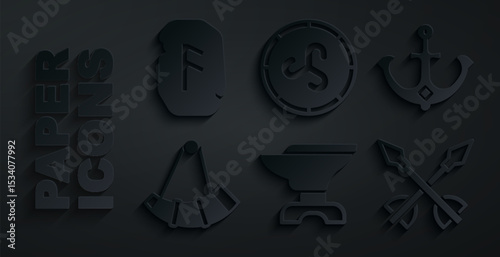 Set Anvil for blacksmithing, Anchor, Hunting horn, Medieval arrows, Shield viking and Magic rune icon. Vector