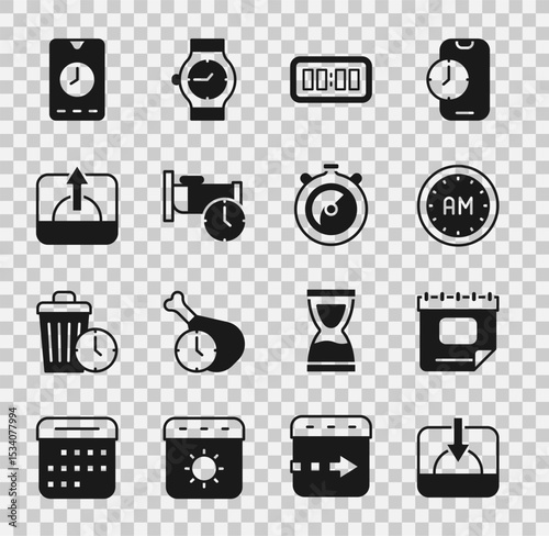 Set Sunset, Calendar, Morning time, Digital alarm clock, Time to sleep, Sunrise, Alarm app mobile and Stopwatch icon. Vector