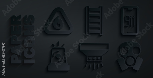Set Fire sprinkler system, Mobile emergency call 911, Flasher siren, Gas mask, escape and flame triangle icon. Vector