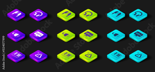 Set Music synthesizer, Triangle musical instrument, Megaphone, MP4 file document, Headphones and Air headphones icon. Vector