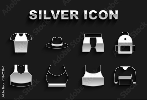 Set Female crop top, School backpack, Sweater, Men underpants, T-shirt and Man hat icon. Vector