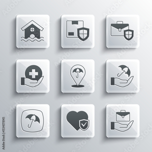 Set Life insurance with shield, Hand holding briefcase, Umbrella hand, House flood and Briefcase icon. Vector
