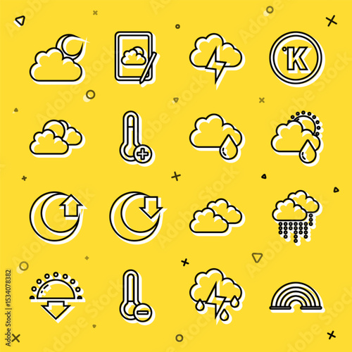 Set line Rainbow, Cloud with rain, and sun, Storm, Meteorology thermometer, Sun cloud weather, moon and icon. Vector