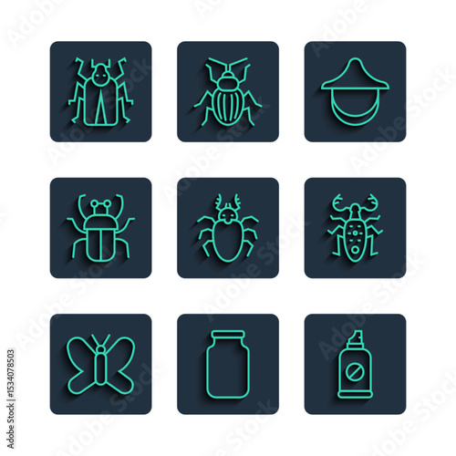 Set line Butterfly, Glass jar, Spray against insects, Beekeeper hat, Beetle deer, Stink bug, and icon. Vector
