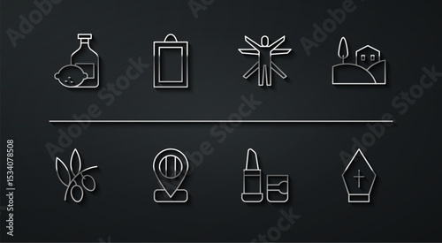 Set line Limoncello bottle, Olives branch, Village landscape, Lipstick, Location flag Italy, Picture, Pope hat and Vitruvian Man icon. Vector