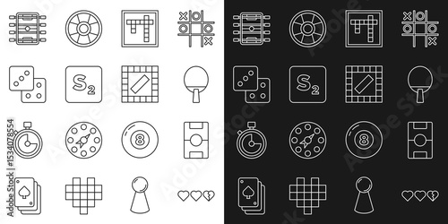 Set line Hearts for game, Hockey table, Racket, Bingo, Game dice, and Board icon. Vector