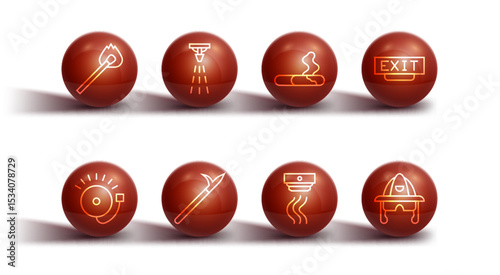 Set line Burning match with fire, Ringing alarm bell, Fire exit, Smoke system, Metal pike pole, sprinkler, Firefighter helmet and Cigarette icon. Vector