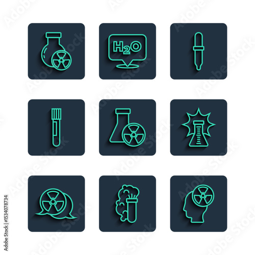 Set line Radioactive, Chemical explosion, Head and radiation symbol, Pipette, Test tube, flask, and icon. Vector