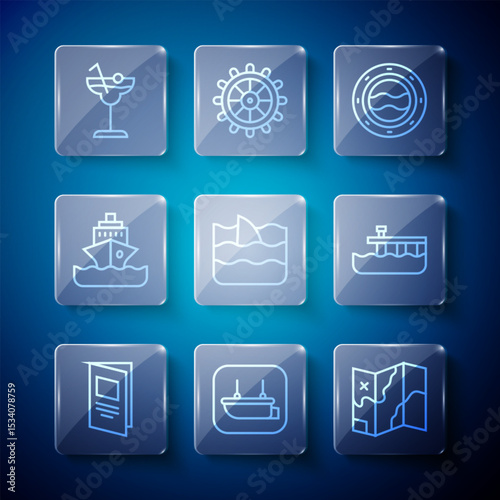 Set line Brochure, Lifeboat, Folded map, Ship porthole with seascape, Shark fin in ocean wave, Cruise ship, Cocktail and Beach pier dock icon. Vector