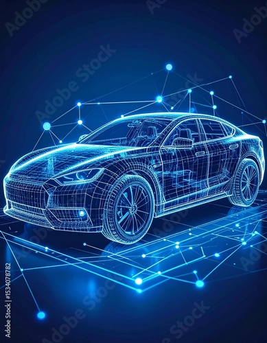 A blue wireframe car model connected by glowing blue lines and dots on a dark blue background