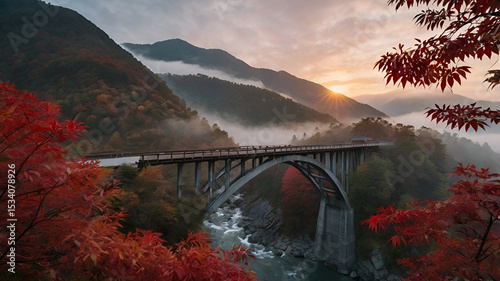 Wallpaper Mural Red Foliage and Bridge at Sunrise – Misty Mountain Landscape in Early Morning Light Torontodigital.ca