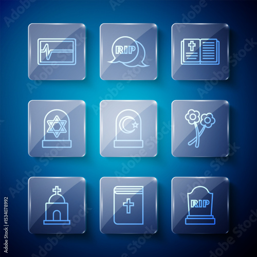 Set line Old crypt, Holy bible book, Tombstone with RIP written, Muslim cemetery, Grave star of david, Beat dead in monitor and Flower icon. Vector