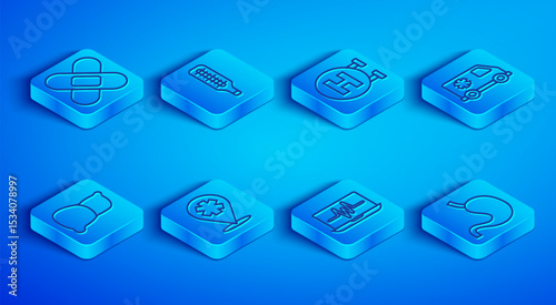 Set line Crossed bandage plaster, Medical thermometer, Hospital signboard, Location with cross hospital, Laptop cardiogram, Emergency, Human organ liver and stomach icon. Vector
