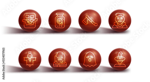 Set line Chocolate bar, Scarecrow, Vampire, Ghost, Tombstone with RIP written, Eye in jar, Witch and Wooden axe icon. Vector