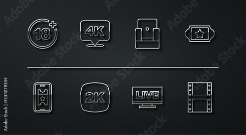 Set line Plus 18 movie, Buy cinema ticket online, Cinema, Live stream, 2k Ultra HD, 4k, Play video and chair icon. Vector