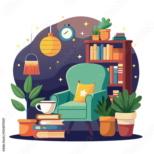 "Cozy Reading Nook with Books and Tea – National Book Lovers Day Illustration"