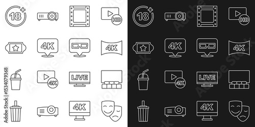 Set line Comedy and tragedy masks, Cinema auditorium with screen, Screen tv 4k, Play video, Ultra HD, ticket, Plus 18 movie and 3D cinema glasses icon. Vector
