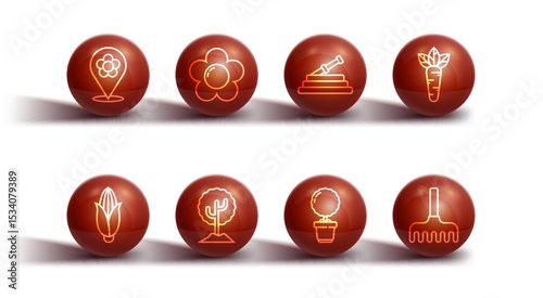 Set line Location with flower, Corn, Carrot, Flower in pot, Tree, Garden rake and hose fire hose icon. Vector