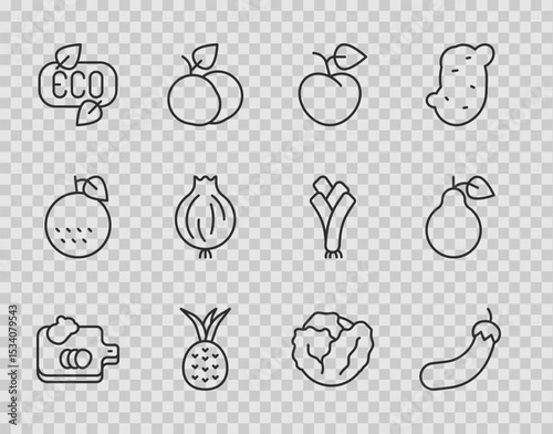 Set line Cutting board with vegetables, Eggplant, Peach fruit or nectarine, Pineapple, Leaf Eco symbol, Garlic, Cabbage and Pear icon. Vector