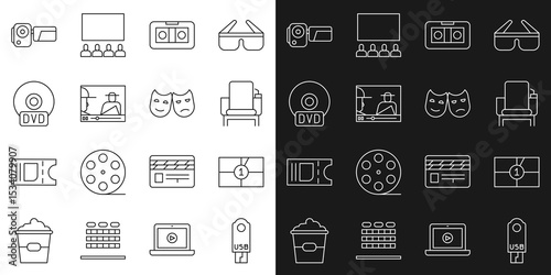 Set line USB flash drive, Old film movie countdown frame, Cinema chair, VHS video cassette tape, Online play, CD or DVD disk, camera and Comedy and tragedy masks icon. Vector