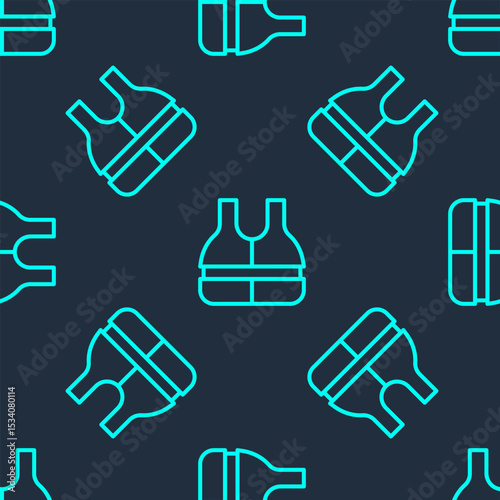 Green line Life jacket icon isolated seamless pattern on blue background. Life vest icon. Extreme sport. Sport equipment. Vector