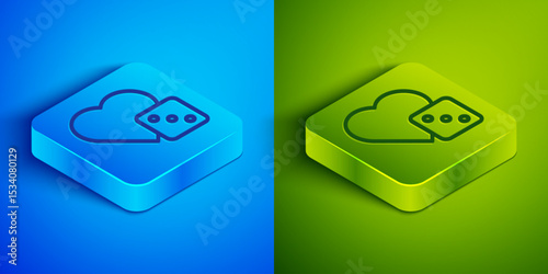 Isometric line Game dice icon isolated on blue and green background. Casino gambling. Square button. Vector