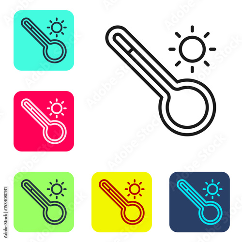 Black line Meteorology thermometer measuring heat and cold icon isolated on white background. Thermometer equipment showing hot or cold weather. Set icons in color square buttons. Vector