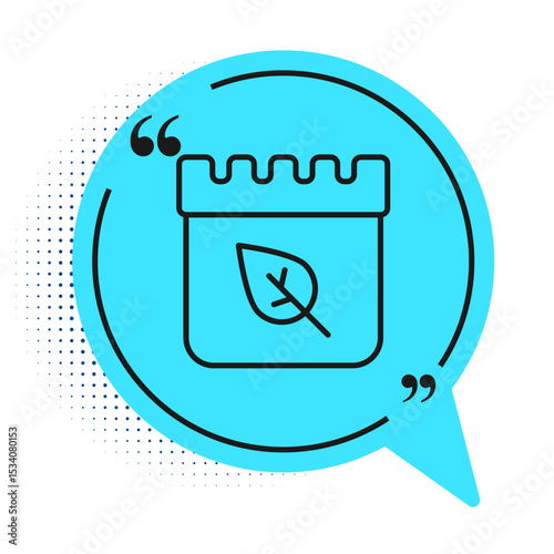 Black line Calendar with autumn leaves icon isolated on white background. Blue speech bubble symbol. Vector
