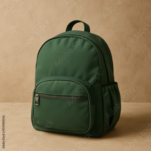 Dark green backpack on beige background 