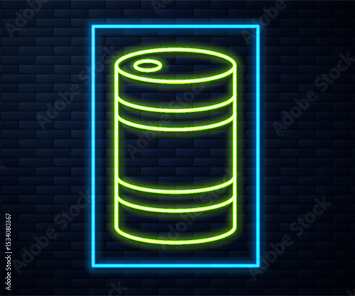 Glowing neon line Metal beer keg icon isolated on brick wall background. Vector