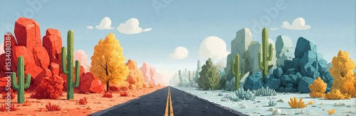 Cartoon desert road background with cacti, rocks, and flowers under a clear blue sky