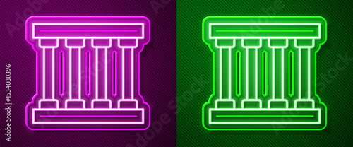 Glowing neon line Prison window icon isolated on purple and green background. Vector