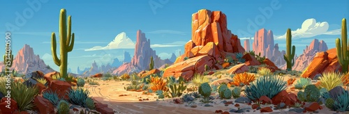 Cartoon desert road background with cacti, rocks, and flowers under a clear blue sky