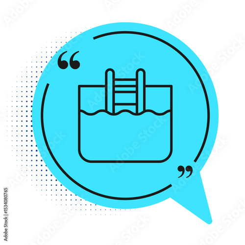 Black line Swimming pool with ladder icon isolated on white background. Blue speech bubble symbol. Vector