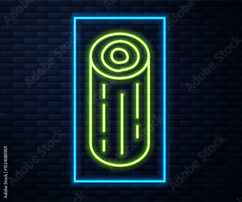 Glowing neon line Wooden logs icon isolated on brick wall background. Stack of firewood. Vector
