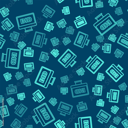 Green line Online auction icon isolated seamless pattern on blue background. Bid sign. Auction bidding. Sale and buyers. Vector