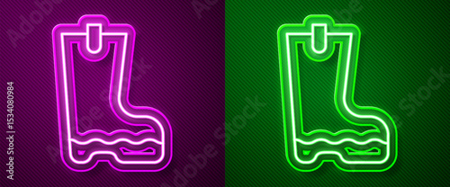 Glowing neon line Waterproof rubber boot icon isolated on purple and green background. Gumboots for rainy weather, fishing, gardening. Vector