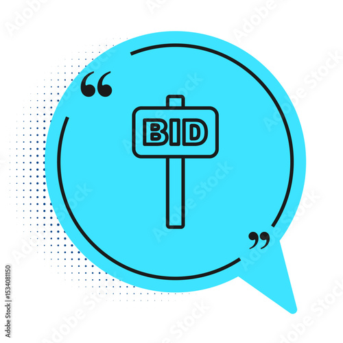 Black line Hand holding auction paddle icon isolated on white background. Bidding concept. Auction competition. Hands rising signs with BID inscriptions. Blue speech bubble symbol. Vector