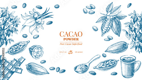 Hand drawn sketch cocoa chocolate product background. Vintage vector illustration of natural healthy food. Packaging design of cacao powder