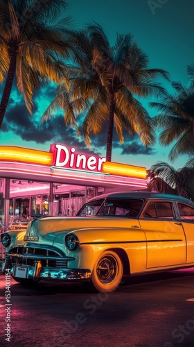 A beautiful vintage yellow car parked in front of a glowing diner under palm trees, capturing the nostalgic charm of classic Americana in a vibrant night setting.