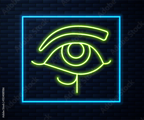 Glowing neon line Eye of Horus icon isolated on brick wall background. Ancient Egyptian goddess Wedjet symbol of protection, royal power and good health. Vector