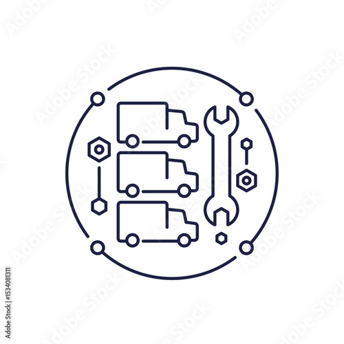 fleet repair icon with trucks and wrench in line design