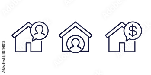 tenant, resident line icons with house on white
