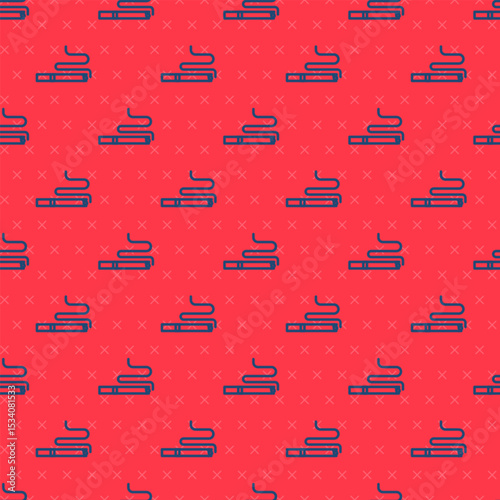Blue line Cigarette icon isolated seamless pattern on red background. Tobacco sign. Smoking symbol. Vector