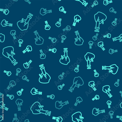 Green line Genetically modified apple icon isolated seamless pattern on blue background. GMO fruit. Syringe being injected to apple. Vector