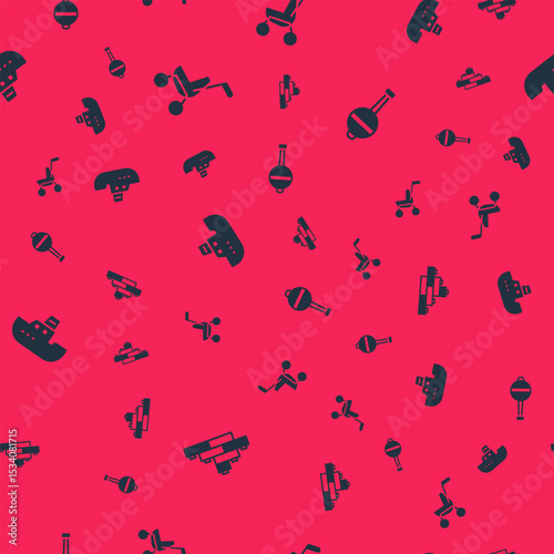 Set Toy building block bricks, Baby stroller, boat and Rattle baby toy on seamless pattern. Vector