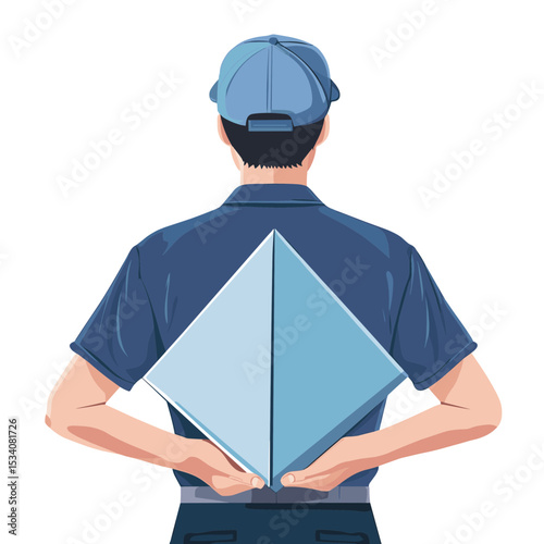 Delivery Man in Blue Uniform Holding Geometric Package Shape Behind His Back Promoting Service and Commerce With Logistics Merchandise