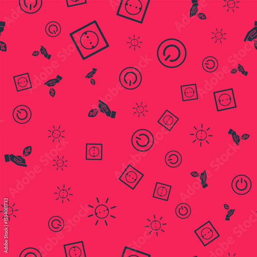 Set Solar energy panel, Electrical outlet, Plant in hand and Power button on seamless pattern. Vector