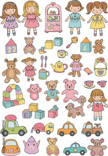 Create a kinds deferent children product vector art with white background.